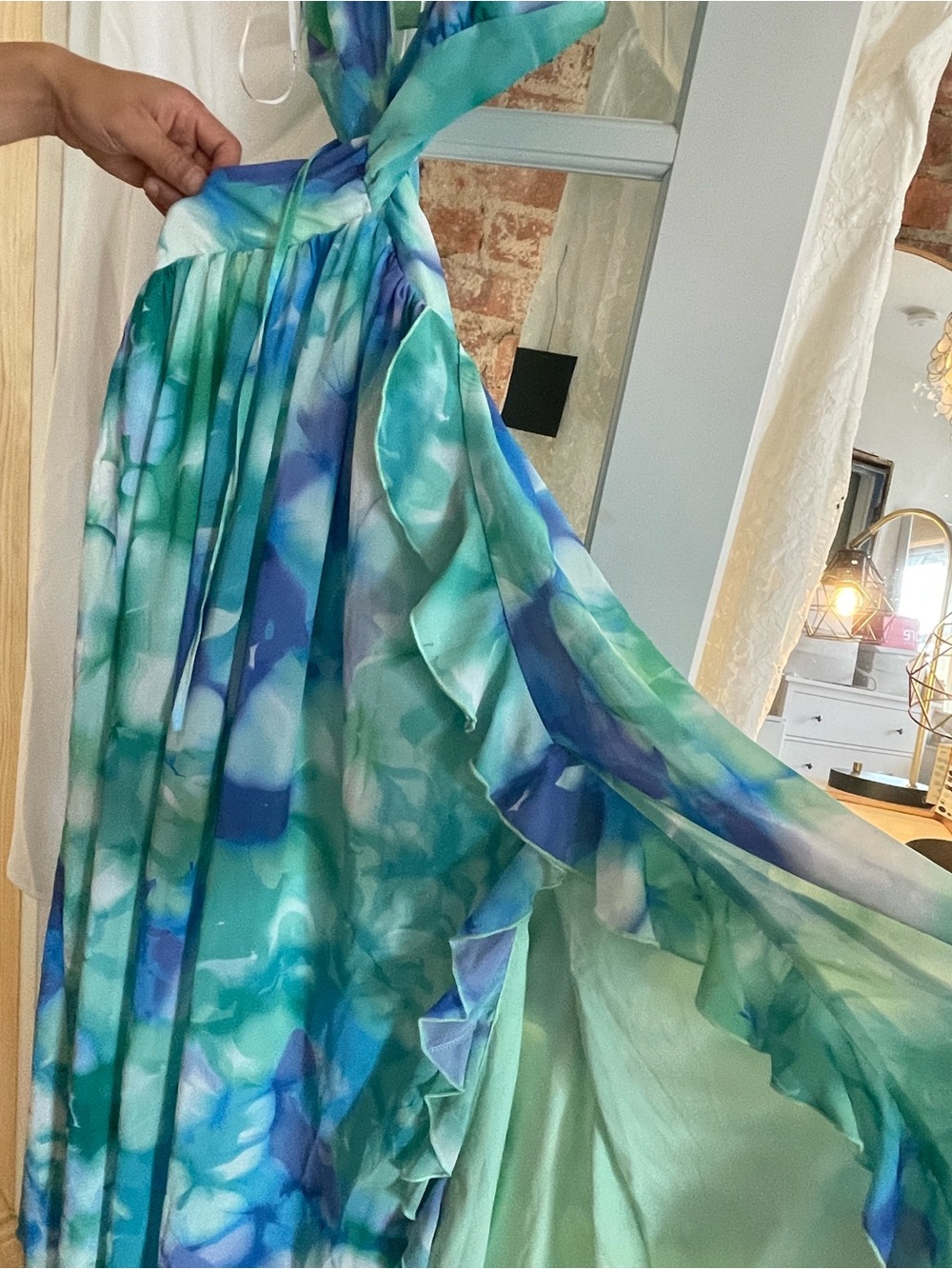 Lulus Elisanna Teal Multi Floral Lace-up Midi Dress Green - Size M - Picture 2 of 5